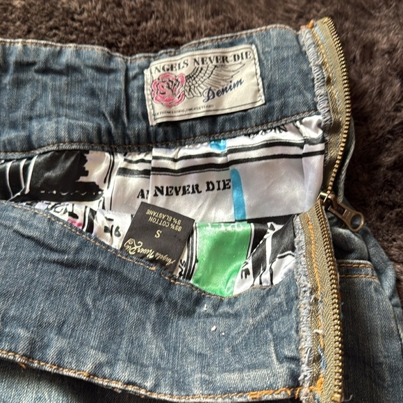 Angels Never Die Logo Denim Bomber Embroidered Sequins Mini Skirt sz S - Picture 7 of 12
